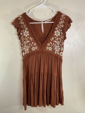 miami Rust Brown Embroidered V-Neck Mini Dress